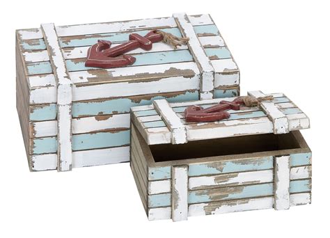 Benzara Wood Chest Box Decorated with Metal Stripes Accents